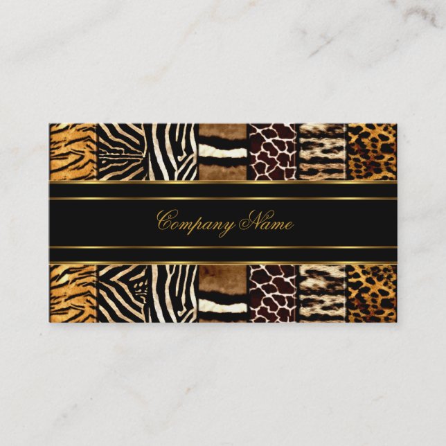 Gold Black Elegant Mixed Zebra Leopard Tiger Business Card (Front)