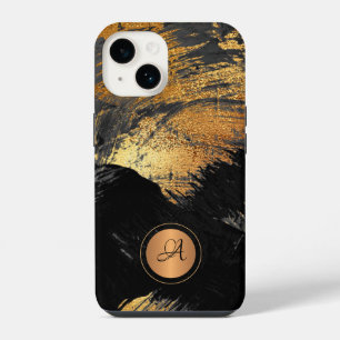 Gold black elegant modern abstract monogrammed iPhone 14 case