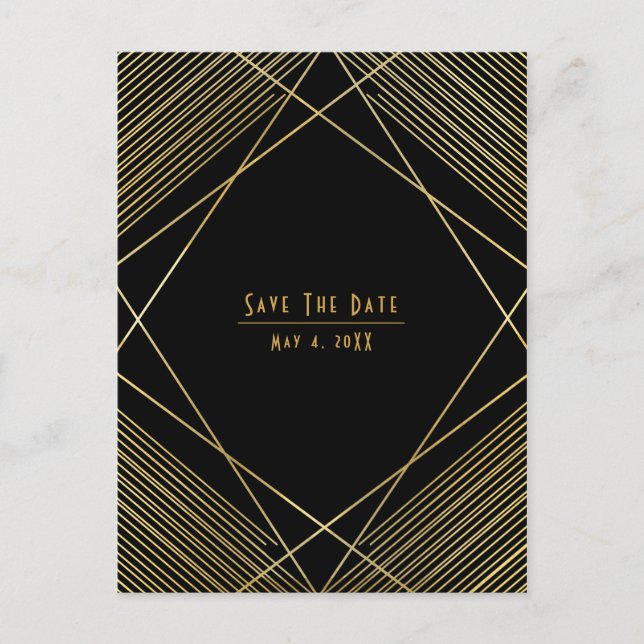 Gold & Black Elegant Modern Deco Save the Date Announcement Postcard (Front)
