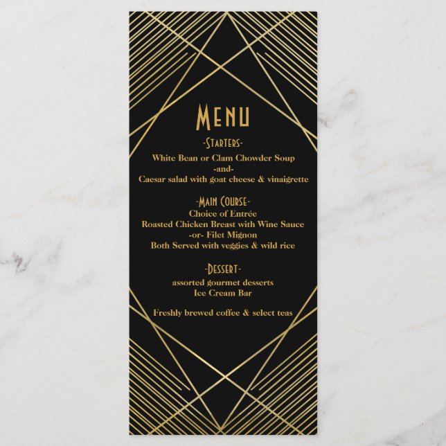 Gold & Black Elegant Modern Glam Deco Wedding Menu (Front)