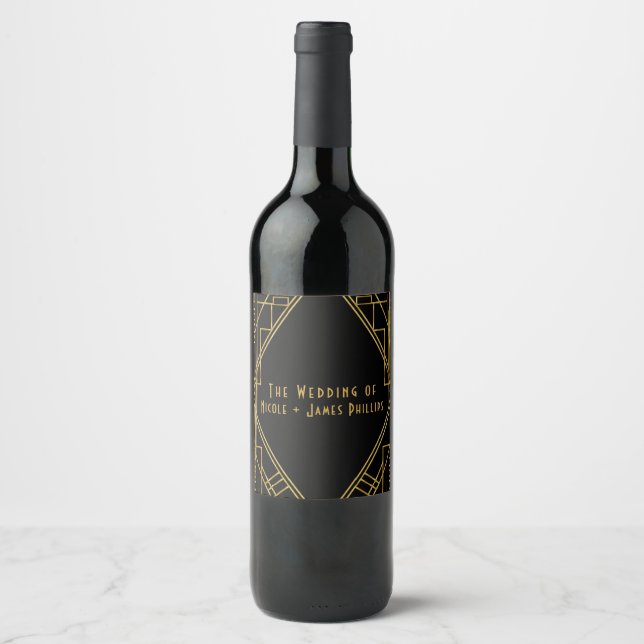 Gold & Black Elegant Modern Glam Deco Wine Labels (Front)