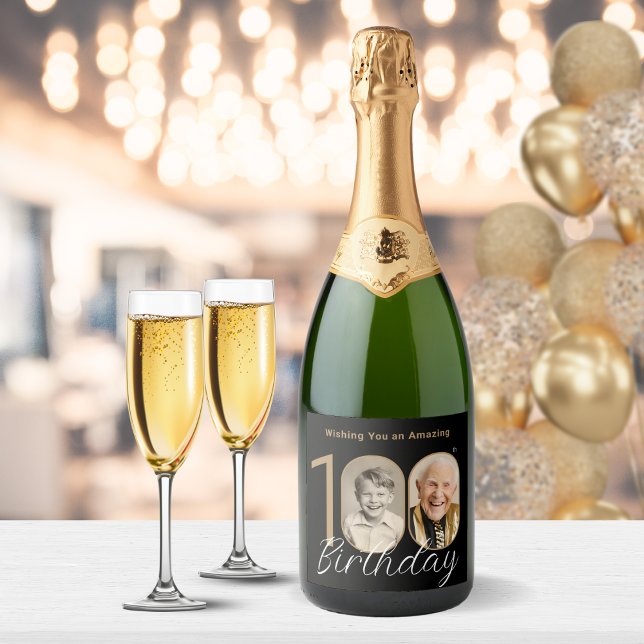 Gold Black Elegant Photo 100th Birthday Gift Sparkling Wine Label (Mock Up View)