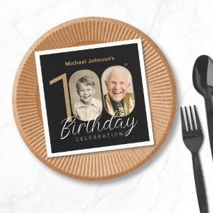 Gold Black Elegant Photo 100th Birthday Party Napkin