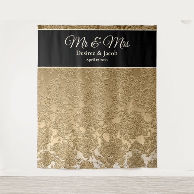 Gold Black Elegant Photo Booth Wedding Backdrop Tapestry (Front)