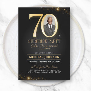 Gold Black Elegant Photo Surprise 70th Birthday Invitation