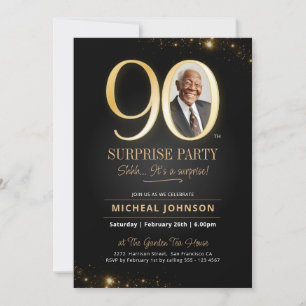 Gold Black Elegant Photo Surprise 90th Birthday Invitation
