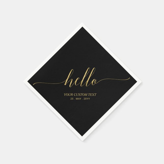 Gold & Black Elegant Script Lettering Hello Party Napkin (Corner)