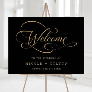 Gold & Black Elegant Script Wedding Welcome Sign