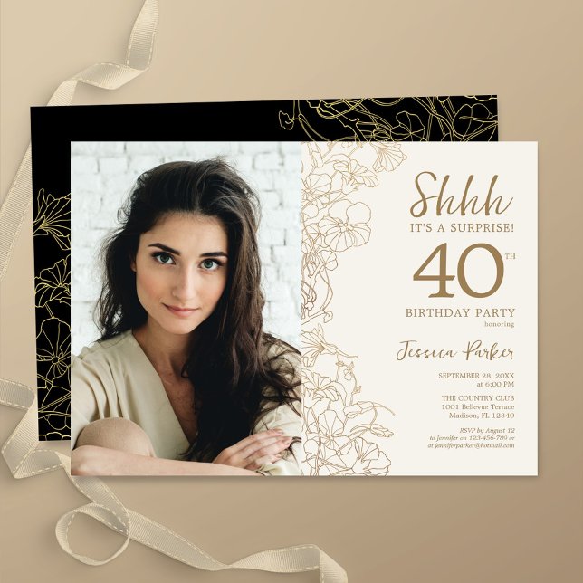 Gold Black Elegant Surprise Photo 40th Birthday Invitation (Creator Uploaded)