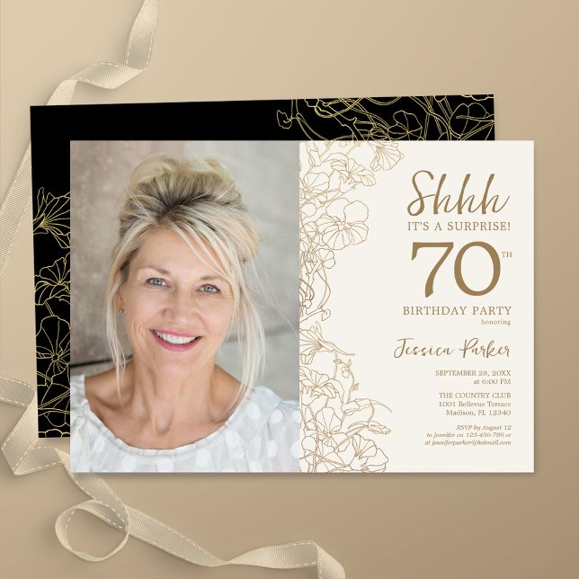 Gold Black Elegant Surprise Photo 70th Birthday Invitation (Creator Uploaded)
