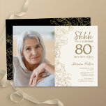 Gold Black Elegant Surprise Photo 80th Birthday Invitation<br><div class="desc">Floral gold cream and black surprise 80th birthday party invitation with your photo on the front of the card. Elegant modern design featuring botanical outline drawings accents and typography script font. Simple trendy invite card perfect for a stylish female bday celebration. Can be customised to any age. Printed Zazzle invitations...</div>