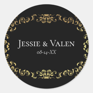 Gold Black Elegant Swirl Gothic Wedding Classic Round Sticker