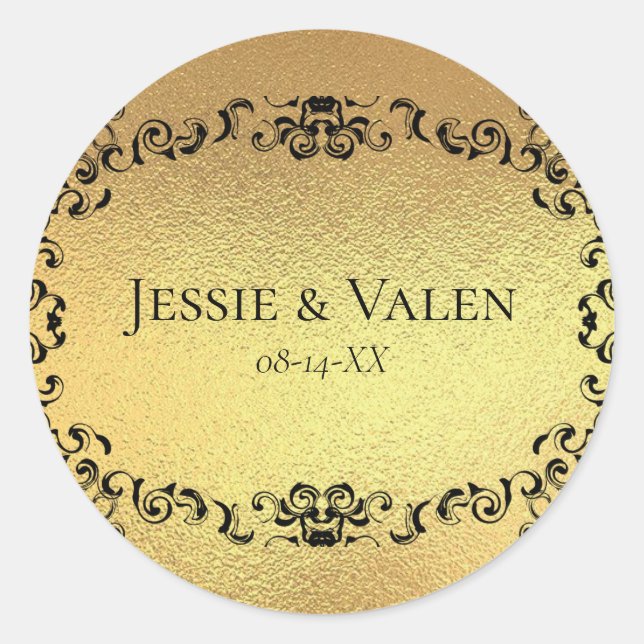 Gold Black Elegant Swirl Gothic Wedding Classic Round Sticker (Front)