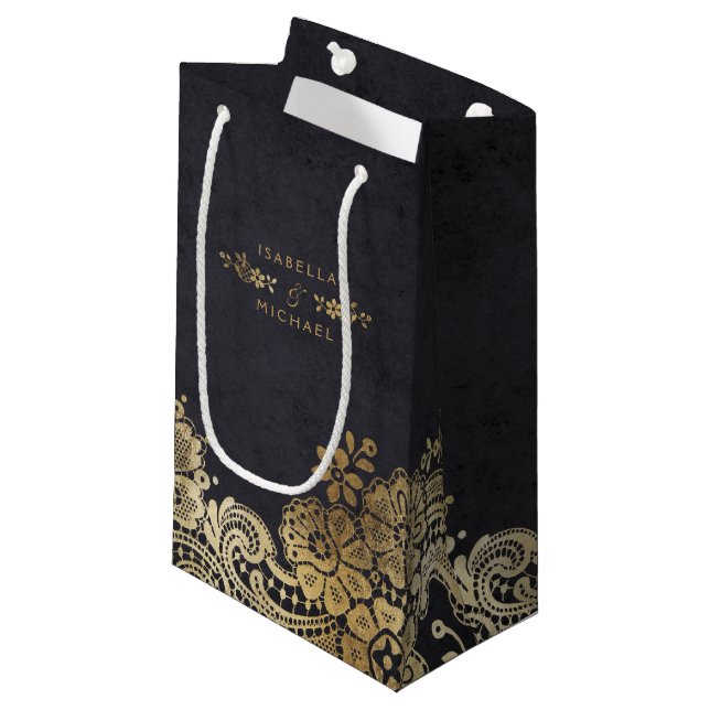 Gold black elegant vintage lace wedding favour bag (Front Angled)