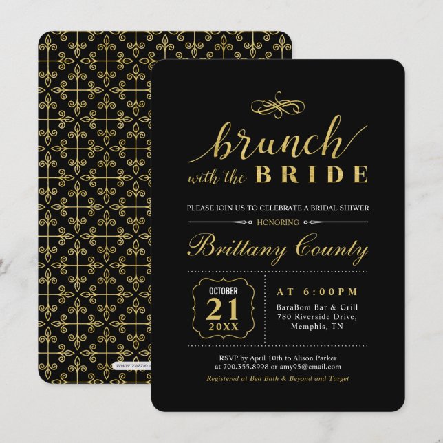 Gold & Black | Elegant Wedding Bridal Brunch Invitation (Front/Back)