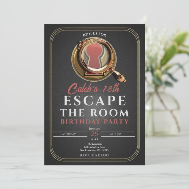 Gold & Black Escape Room Game Birthday Party Invitation (Standing Front)