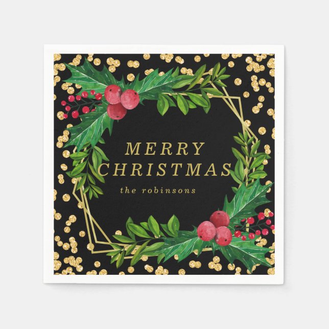 Gold Black Family Christmas Party Holly Glitter Napkin (Front)
