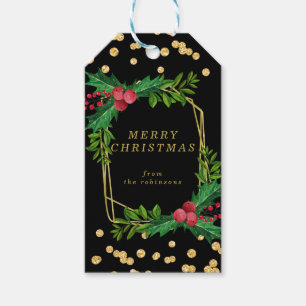 Gold Black Family Merry Christmas Holly Glitter Gift Tags