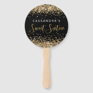 Gold Black Faux Glitter Sweet Sixteen Hand Fans