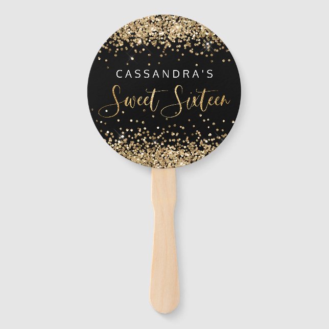 Gold Black Faux Glitter Sweet Sixteen Hand Fans (Front)