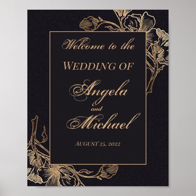 Gold Black Faux Metallic Floral Design Wedding Poster (Front)