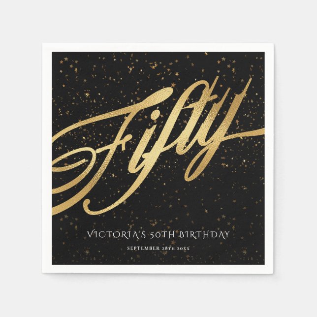 Gold Black Fifty 50th Birthday Confetti Elegant Napkin (Front)