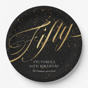 Gold Black Fifty 50th Birthday Confetti Glamourous Paper Plate