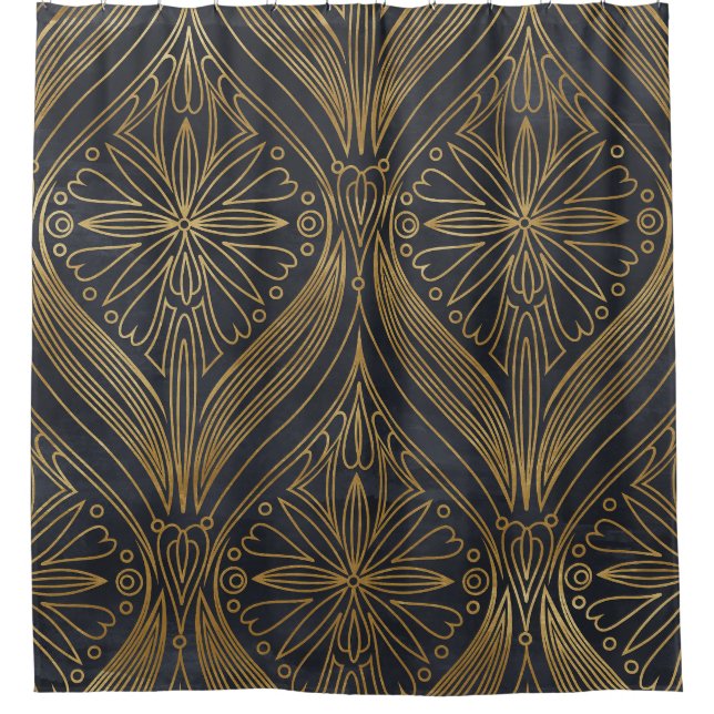 Gold Black Filigree Damask Shower Curtain (Front)