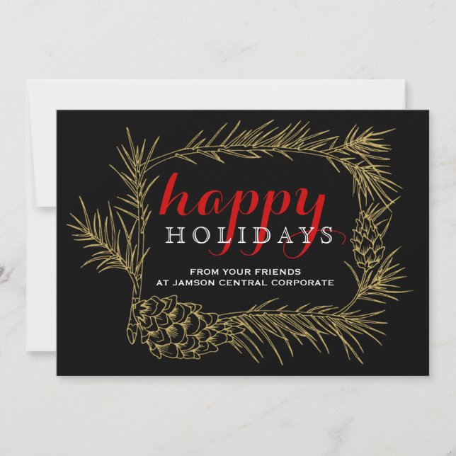 Gold, black fir branch frame Christmas corporate Holiday Card (Front)