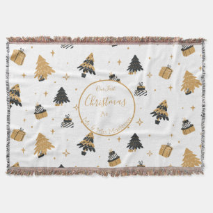 Gold Black First Christmas Tree Pattern Custom Throw Blanket