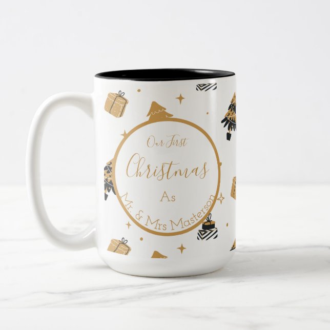 Gold Black First Christmas Tree Pattern Mr and Mrs Two-Tone Coffee Mug (Left)