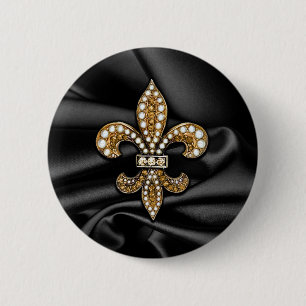 Gold Black Fleur De Lis Satin Jewel 6 Cm Round Badge