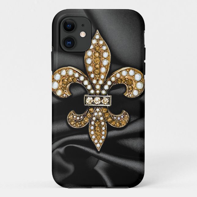 Gold Black Fleur De Lis Satin Jewel Case-Mate iPhone Case (Back)