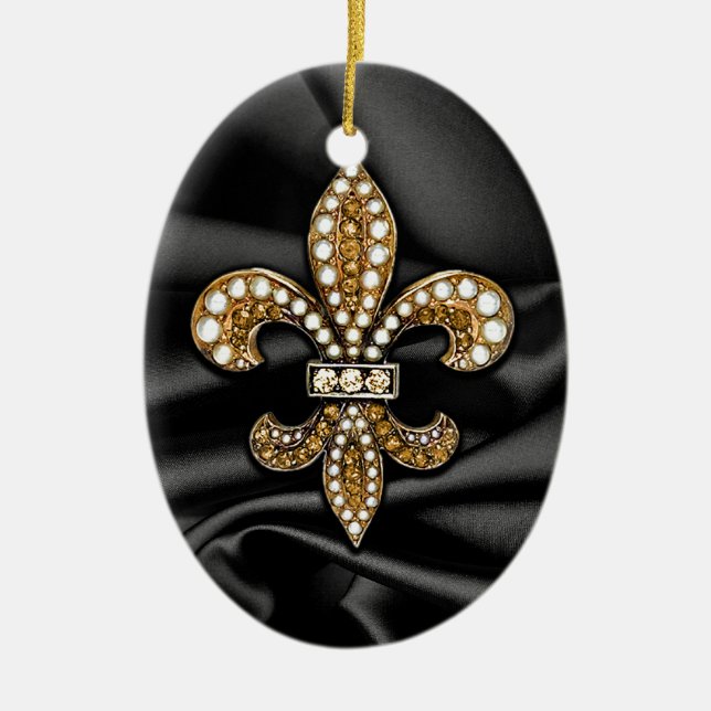 Gold Black Fleur De Lis Satin Jewel Ceramic Tree Decoration (Front)