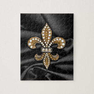 Gold Black Fleur De Lis Satin Jewel Jigsaw Puzzle