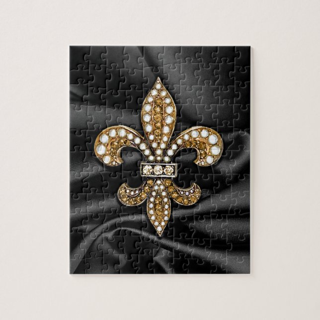Gold Black Fleur De Lis Satin Jewel Jigsaw Puzzle (Vertical)