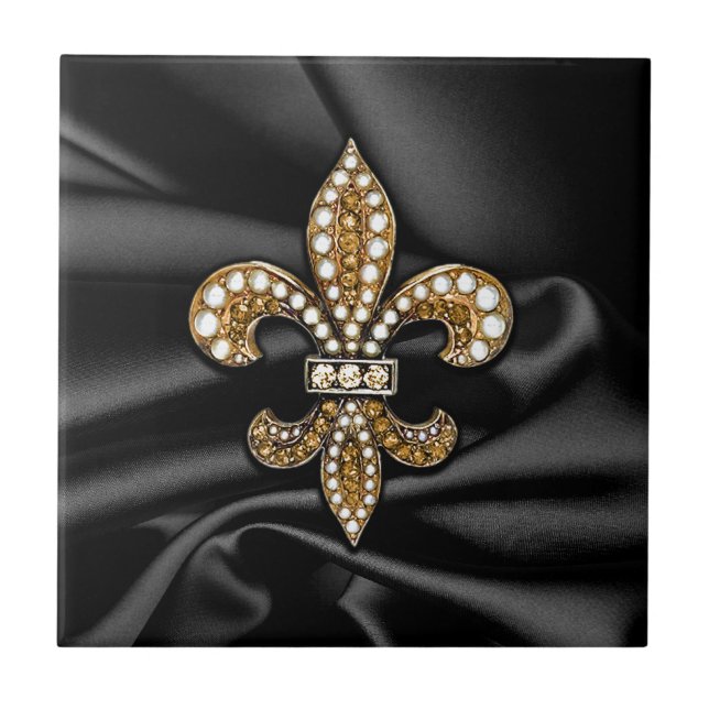 Gold Black Fleur De Lis Satin Jewel Tile (Front)