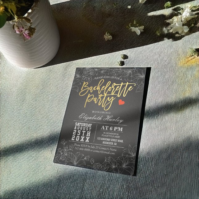 Gold & Black Floral Bachelorette Party Invitation (Creator Uploaded)