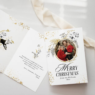 Gold & Black Floral Boho Arch Photo Christmas Card