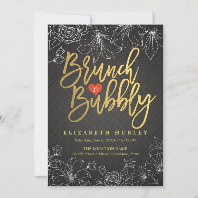 Gold & Black Floral Brunch & Bubbly Bridal Shower Invitation (Front)