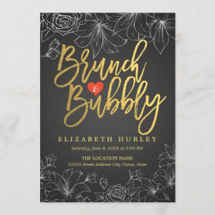 Gold & Black Floral Brunch & Bubbly Bridal Shower Invitation