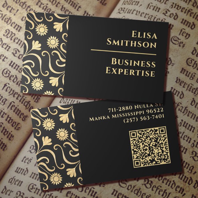  Gold & Black Floral Damask Classy Elegant Pattern Business Card (Creator Uploaded)