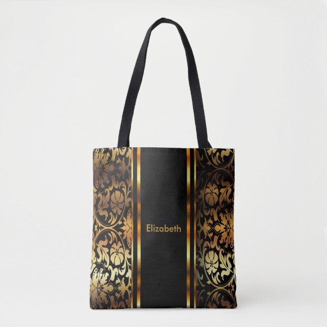 Gold & Black Floral Damask Design Tote Bag (Front)