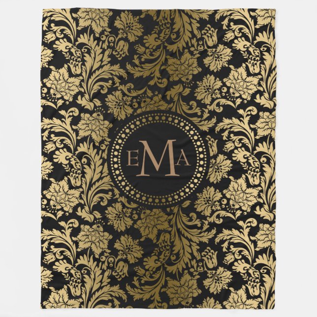Gold & Black Floral Damask Fleece Blanket (Front)