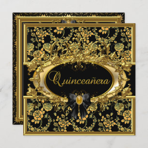 Gold & Black Floral Damask Quinceanera Invite