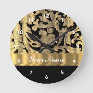 Gold & black floral damask round clock