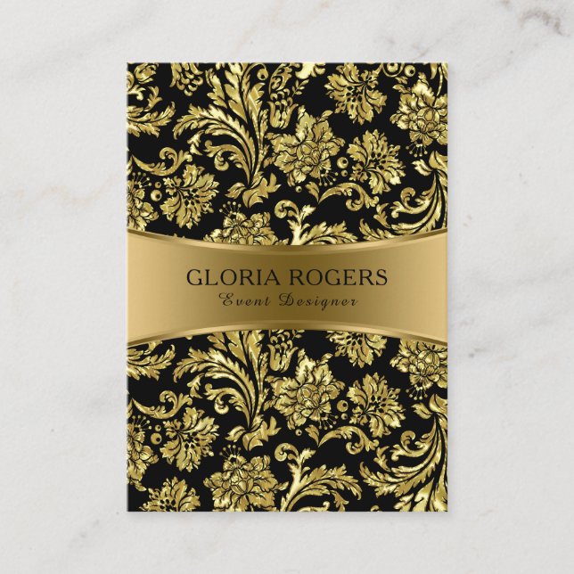 Gold & Black Floral Damasks Event Designer Templat Business Card (Front)
