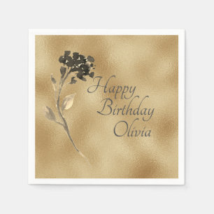 Gold Black Floral Elegant Watercolor Name Birthday Napkin