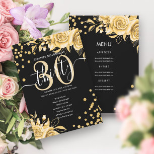 Gold Black Floral Glitter 30 Birthday Menu Program Invitation