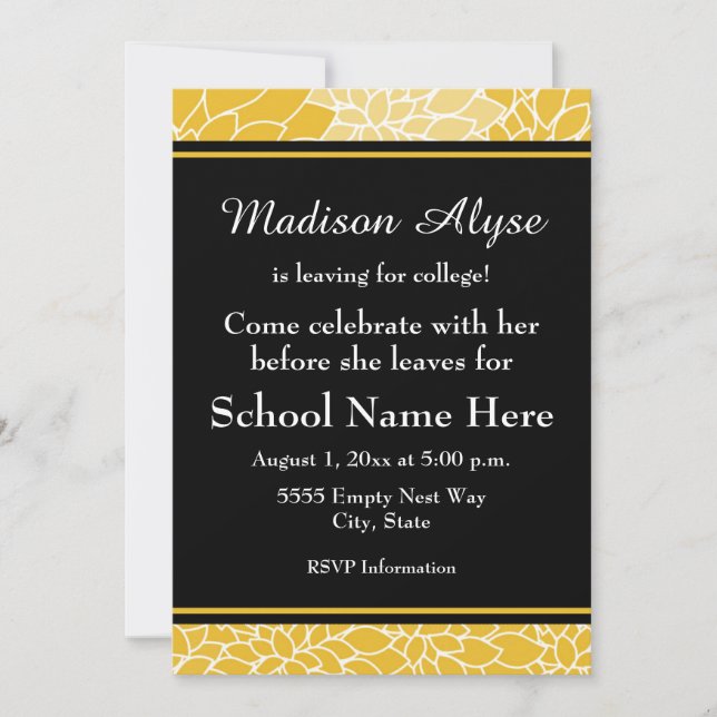 Gold Black Floral Going to College Party Invite (Front)